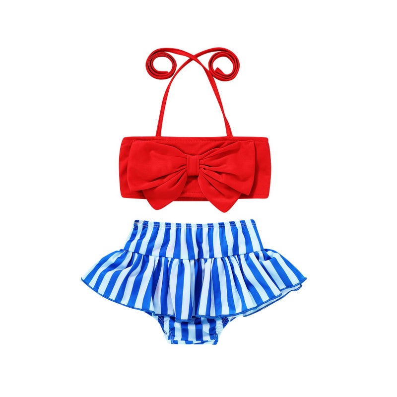JEELLIGULAR Toddler Baby Girl Swimwear Bowknot Stripe Swimsuit Bathing Suit 2Pcs Bikini Set Outfits Summer (18-24 Months, Red) - Image 1